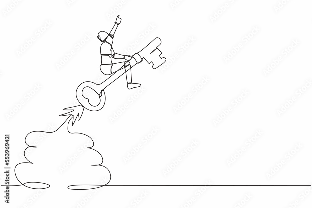 Continuous one line drawing robot riding key rocket flying in the sky ...