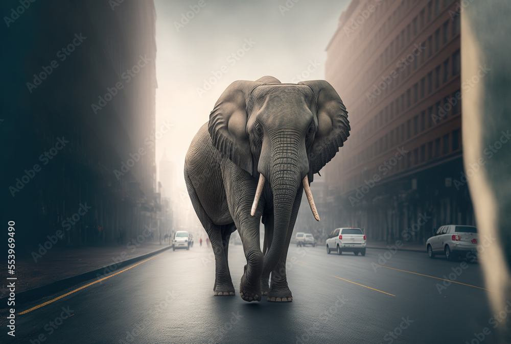 Beautiful photograph of an African elephant crossing the street with the backdrop hazy. Generative AI