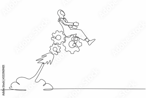 Continuous one line drawing Arabian businesswoman riding gear rocket flying in the sky. Challenge to win higher target. Effort and ambition to reach goal. Single line draw design vector illustration