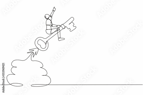 Continuous one line drawing robot riding key rocket flying in the sky. Discover key success. Humanoid robot cybernetic organism. Future robotic development. Single line draw design vector illustration