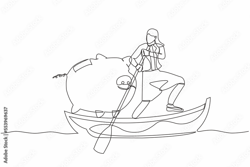 Continuous one line drawing businesswoman sailing away on boat with piggy bank. Saving money for financial management. Investment for personal use. Single line draw design vector graphic illustration Continuous one line drawing businesswoman sailing away on boat with piggy bank. Saving money for financial management. Investment for personal use. Single line draw design vector graphic illustration