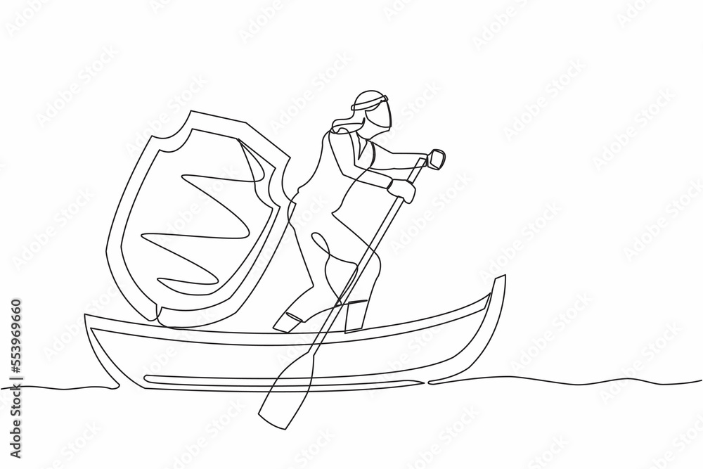 Single continuous line drawing Arab businessman sailing away on boat with shield. Business protection and precaution financial crime. Security and insurance. One line draw design vector illustration
