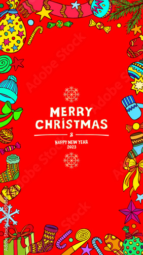 Merry Christmas and Happy New Year 2023. Congratulatory vertical banner on a red background, a frame of winter elements: hats, mittens, Christmas decorations, sweets © Mariia
