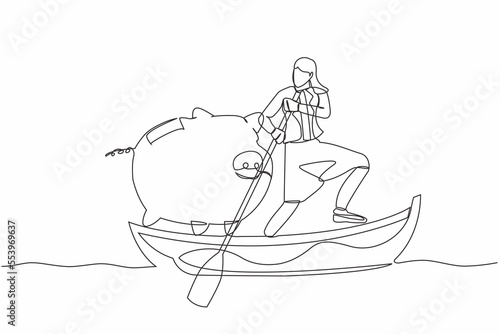 Continuous one line drawing businesswoman sailing away on boat with piggy bank. Saving money for financial management. Investment for personal use. Single line draw design vector graphic illustration