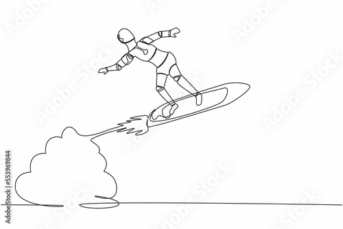 Single continuous line drawing robot riding surfing board rocket flying in the sky. Future technology development. Artificial intelligence machine learning. One line graphic design vector illustration