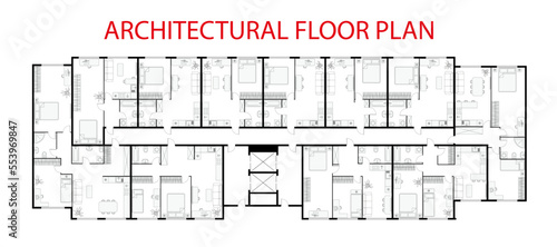 Floor plan. Architectural apartment project. One, two bedroom apartment. Interior design elements kitchen, bedroom, bathroom with symbols furniture. Vector architecture 2d floor plan.