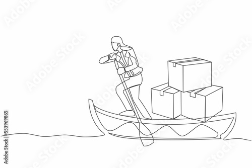 Single continuous line drawing businesswoman sailing away on boat with pile of cardboard. Ocean transportation. Shipping items delivered via sailboat. One line draw design vector graphic illustration