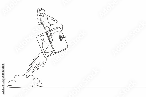Single one line drawing protected Arab businessman riding safe deposit box rocket flying in sky. Cash protection  time is money  safe deposit  savings. Continuous line draw design vector illustration