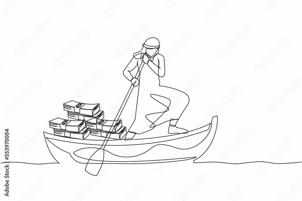Single continuous line drawing Arab businessman sailing away on boat with pile of banknote. Escape with money. Financial crime, tax evasion, money laundering. One line draw design vector illustration Single continuous line drawing Arab businessman sailing away on boat with pile of banknote. Escape with money. Financial crime, tax evasion, money laundering. One line draw design vector illustration