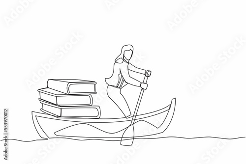Single one line drawing businesswoman sailing away on boat with pile of books. Intellectual progress by getting used to reading book. Education concept. Continuous line draw design vector illustration
