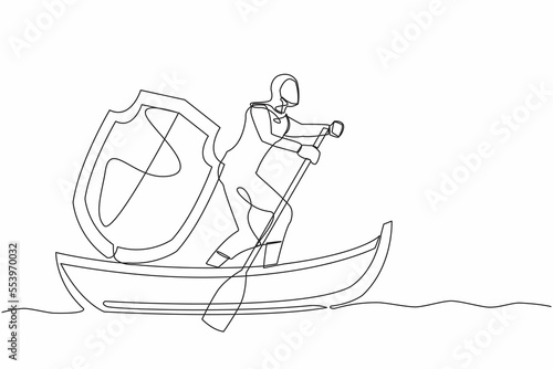 Single one line drawing Arab businesswoman standing in boat and sailing with shield. Business protection security and insurance. Preparation and precaution. Continuous line design vector illustration