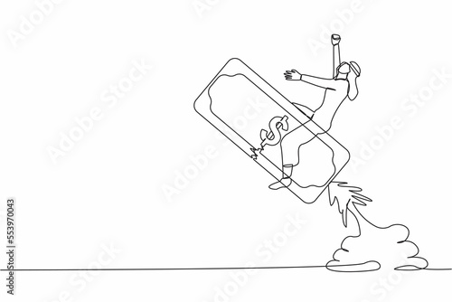 Single one line drawing Arab businessman riding banknote money rocket flying in the sky. Investment opportunity, visionary to make profit, financial growth. Continuous line design vector illustration