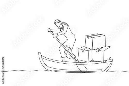 Continuous one line drawing Arabian businessman sailing away on boat with pile of cardboard. Ocean transportation. Shipping items delivered via sailboat. Single line design vector graphic illustration