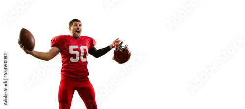 Flyer with professional american football player in sports uniform and protective helmet isolated over white background. Winner emotions, sport, team, competition © Lustre
