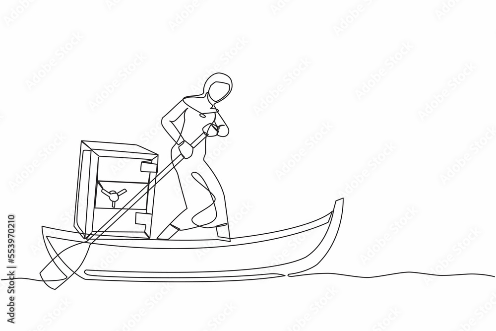 Continuous one line drawing Arab businesswoman standing in boat and sailing with safe deposit box. Escape with money. Criminal stole golden coin from bank. Single line draw design vector illustration