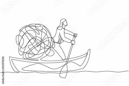 Single continuous line drawing businesswoman sailing away on boat with messy line. Stressed office worker escape from chaotic or anxiety minded. Mental health. One line draw design vector illustration