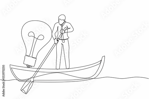 Continuous one line drawing businessman standing in boat and sailing with light bulb. Manager searching idea or vision. Success business innovation. Single line draw design vector graphic illustration