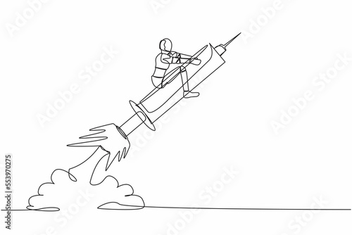 Continuous one line drawing robot riding syringe rocket flying in the sky. Boosting health with tech. Robot cybernetic organism. Future robotic development. Single line draw design vector illustration