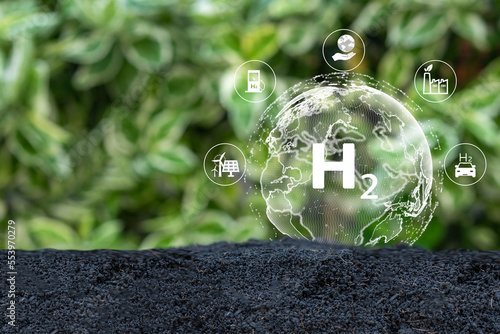 Concept for clean hydrogen energy. The environment friendly industry, and alternative energy. Future climate-friendly energy solutions for achieving net zero greenhouse gas emissions. photo