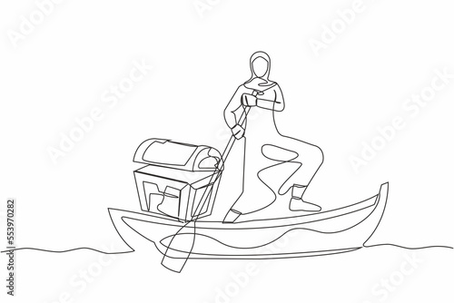 Continuous one line drawing Arab businesswoman standing in boat and sailing with treasure chest. Success financial. Money laundering, political corruption. Single line draw design vector illustration