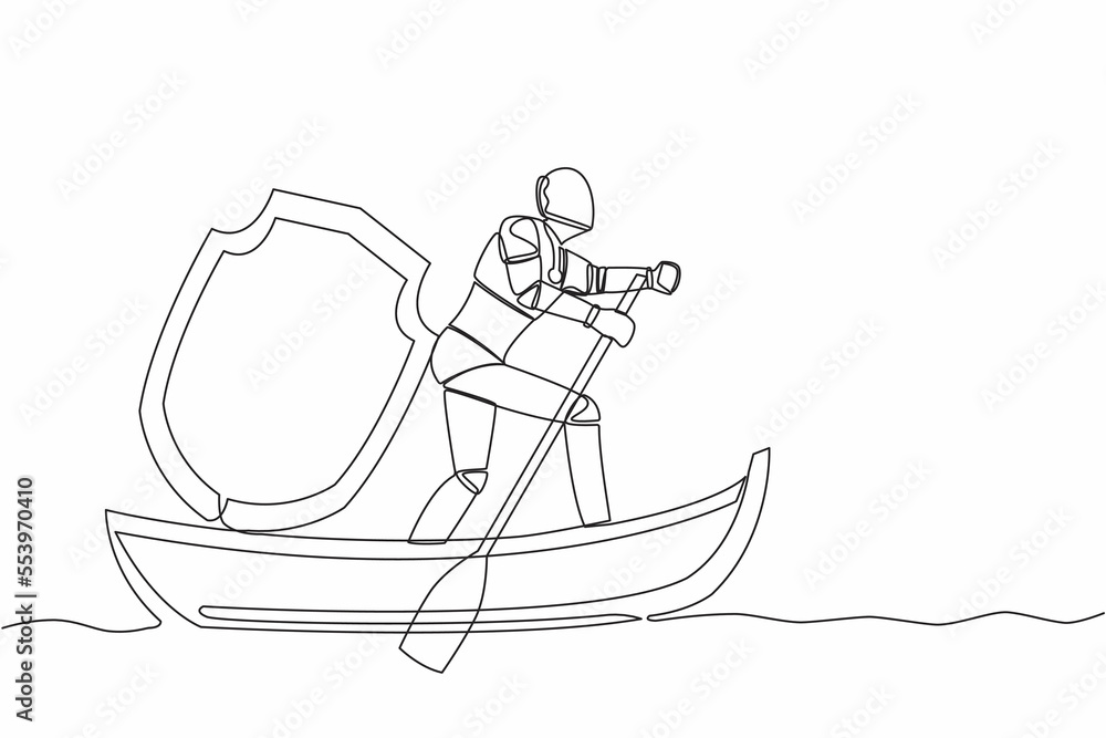 Continuous one line drawing of robot sailing away on boat with shield. Security and insurance in tech company. Humanoid robot cybernetic organism. Single line draw design vector graphic illustration Continuous one line drawing of robot sailing away on boat with shield. Security and insurance in tech company. Humanoid robot cybernetic organism. Single line draw design vector graphic illustration