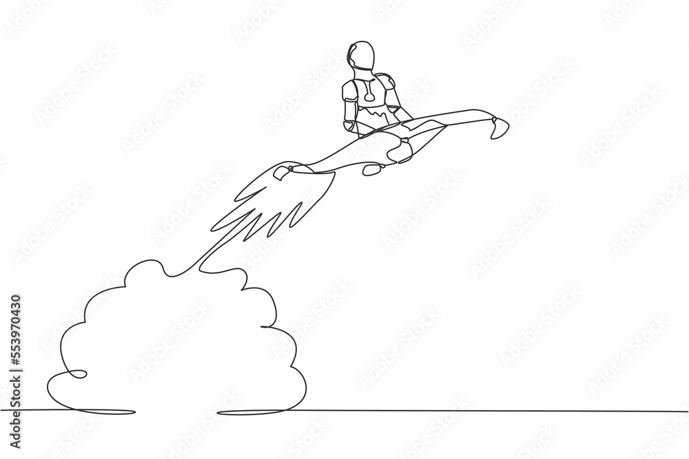 Single one line drawing robot riding magic carpet rocket flying in the ...