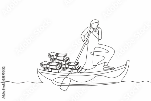Continuous one line drawing Arab businesswoman standing in boat sailing with stack of paper money. Investment strategy. Financial planning at company. Single line design vector graphic illustration