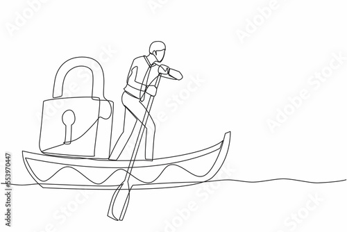 Single one line drawing businessman standing in boat and sailing with padlock. Shipping protection at ocean from pirate. Security in business at sea. Continuous line design graphic vector illustration