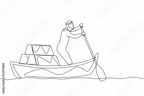 Continuous one line drawing Arab businessman sailing away on boat with stack of golden bullion. Gold investment concept. Office worker planning future finance. Single line design vector illustration