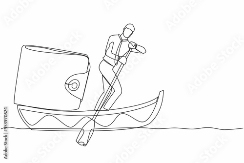 Continuous one line drawing businessman standing in boat and sailing with purse. Money management for personal use. Financial planning at company. Single line draw design vector graphic illustration