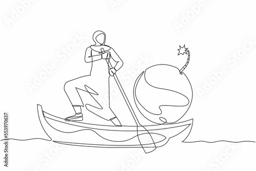 Single continuous line drawing Arab businesswoman standing in boat, sailing with bomb. Manager carry dangerous risks for company. Economic collapse due to crisis. One line design vector illustration