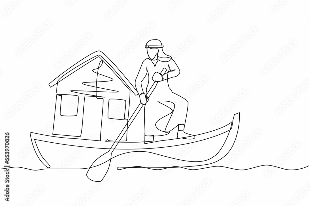 Continuous one line drawing of Arabian businessman sailing away on boat with house. Home mortgage problem in economic crisis. Housing loan disaster. Single line draw design vector graphic illustration