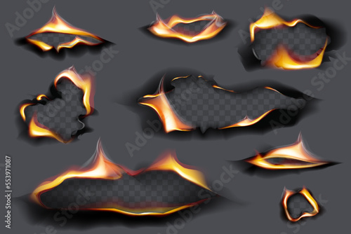 Burning holes, fire flames. Realistic burnt paper. Burned paper realistic fire flame isolated page sheet torn ash vector illustration