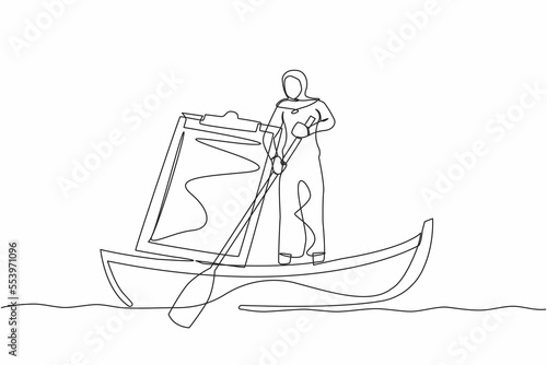 Single one line drawing Arabian businesswoman standing in boat, sailing with clipboard. Employee escape from deadline checklist board. Productivity problem. Continuous line design vector illustration