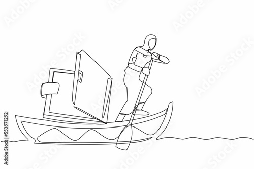 Single continuous line drawing Arab businesswoman standing in boat and sailing with open wallet. Saving purse budget. Sailing championship recognition award. One line draw design vector illustration