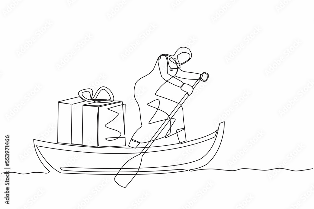 Single one line drawing Arabian businesswoman standing in boat and sailing with gift box. Giving prizes to outstanding employees. Appreciation from company. Continuous line design vector illustration