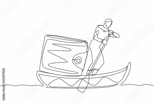 Continuous one line drawing Arab businesswoman standing in boat and sailing with purse. Money management for personal use. Financial planning at company. Single line design vector graphic illustration