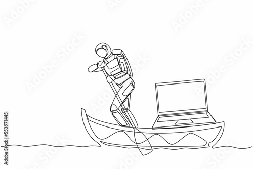 Single continuous line drawing astronaut sailing away on boat with laptop computer. High-tech to carry out intergalactic exploration missions. Cosmonaut deep space. One line design vector illustration