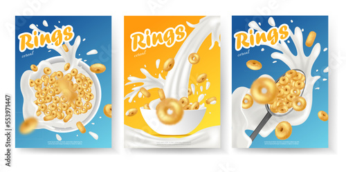 Breakfast cereal realistic poster set with rings isolated. Concept of healthy breakfast. 3d ring cereals or cheerios ad template.