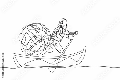 Single one line drawing of astronaut sailing away on boat with messy line. Confusion and anxiety when problems occur on space missions. Cosmic galaxy space. Continuous line design vector illustration