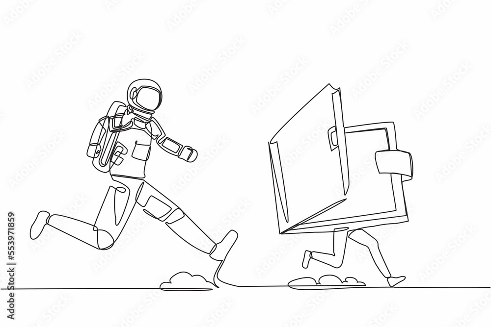 Continuous one line drawing of young astronaut run chasing wallet in moon surface. Digital wallet managed by satellite technology. Cosmonaut outer space concept. Single line design vector illustration Continuous one line drawing of young astronaut run chasing wallet in moon surface. Digital wallet managed by satellite technology. Cosmonaut outer space concept. Single line design vector illustration
