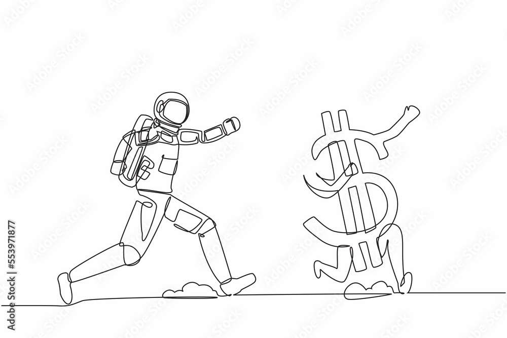 Obraz premium Single continuous line drawing young astronaut chasing dollar symbol in moon surface. Investment in space technology development. Cosmic galaxy space concept. One line draw design vector illustration