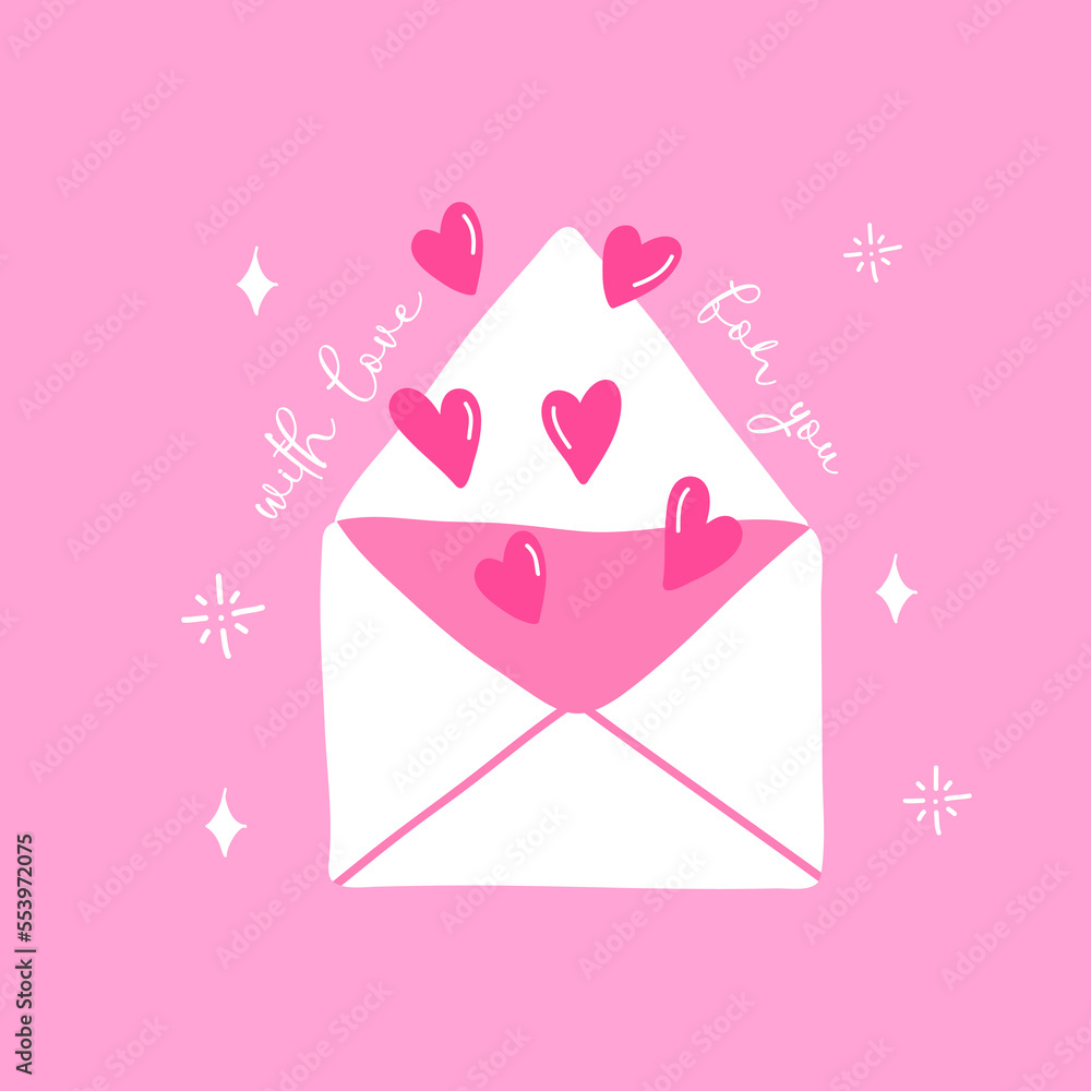 Vector valentines day card. Cute flat hand drawing design letter with hearts. You are loved message. I love you card. With love for you	
