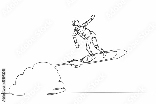 Continuous one line drawing astronaut riding surfing board rocket flying in moon surface. Exploration between planets in the vast space. Cosmonaut outer space. Single line design vector illustration