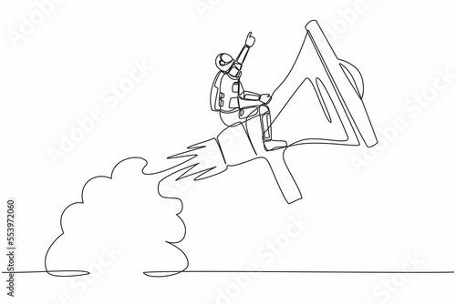 Single one line drawing astronaut riding megaphone rocket flying in moon surface. Communication skills in intergalactic roaming teams. Cosmic galaxy space. Continuous line design vector illustration