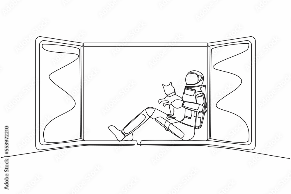 Single one line drawing young astronaut with his pet cat sitting in windowsill in moon surface. Friendship and relax time. Cosmic galaxy space concept. Continuous line draw design vector illustration Single one line drawing young astronaut with his pet cat sitting in windowsill in moon surface. Friendship and relax time. Cosmic galaxy space concept. Continuous line draw design vector illustration