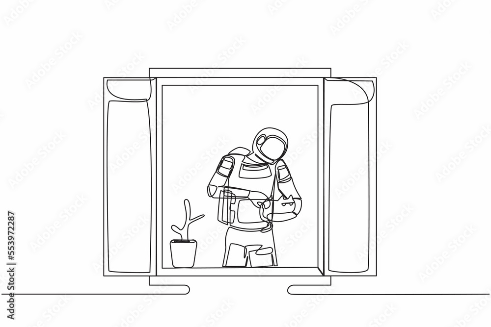 Continuous one line drawing young astronaut with houseplant holding cat and looking through window in moon surface. Cosmonaut outer space concept. Single line draw graphic design vector illustration Continuous one line drawing young astronaut with houseplant holding cat and looking through window in moon surface. Cosmonaut outer space concept. Single line draw graphic design vector illustration