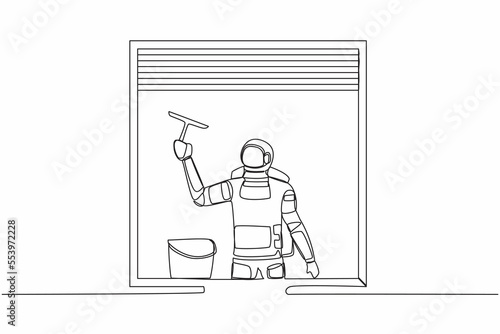 Single one line drawing young astronaut cleaning windows with bucket, glass cleaner tools in moon surface. Cosmic galaxy space concept. Modern continuous line draw design graphic vector illustration