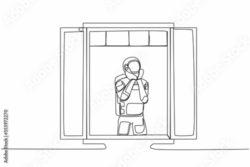 Single one line drawing young astronaut sadly with support the chin near window. Pandemic impact in space business. Cosmic galaxy space concept. Continuous line draw design graphic vector illustration