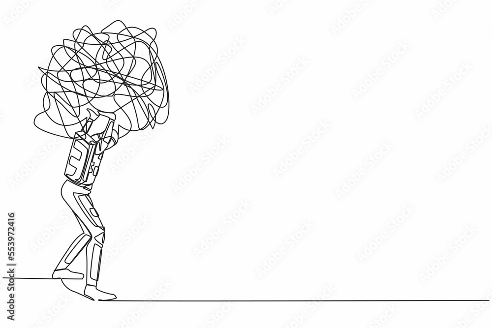 Single one line drawing young astronaut carrying heavy messy line on his back. Anxiety from planets exploration. Space company problem. Cosmic galaxy space. Continuous line design vector illustration Single one line drawing young astronaut carrying heavy messy line on his back. Anxiety from planets exploration. Space company problem. Cosmic galaxy space. Continuous line design vector illustration
